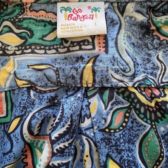 GO BAREFOOT Reverse Print Blue Hawaii Aloha Hawaiian Shirt Men L Large - Picture 4 of 6